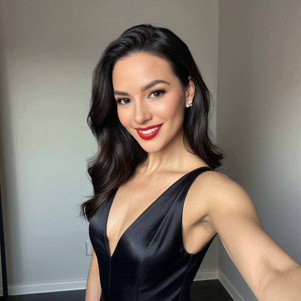 Elegant Woman in Black Satin Dress Taking Selfie with Red Lipstick