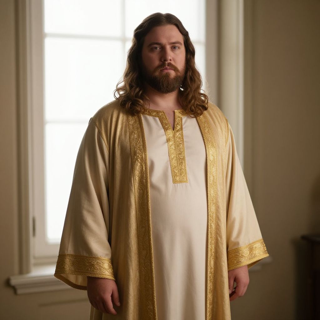 Man Wearing Traditional Cream and Gold Embroidered Robe Indoors