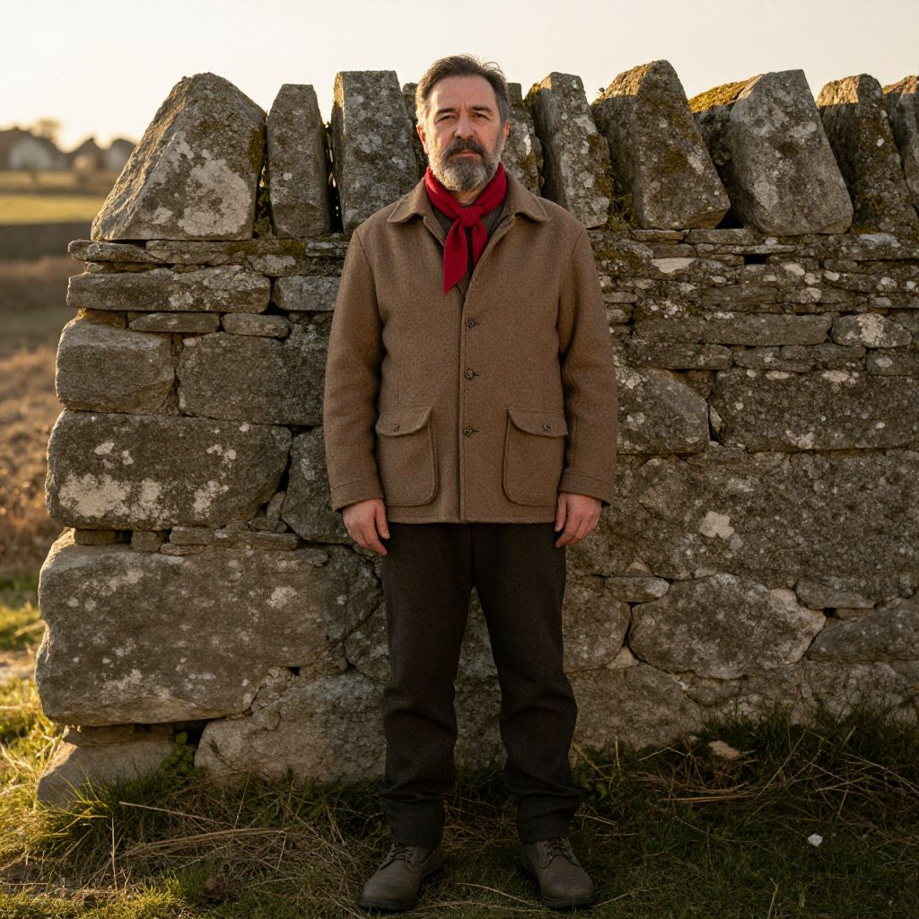 Mature Man in Brown Jacket and Red Scarf by Stone Wall in Rural Landscape