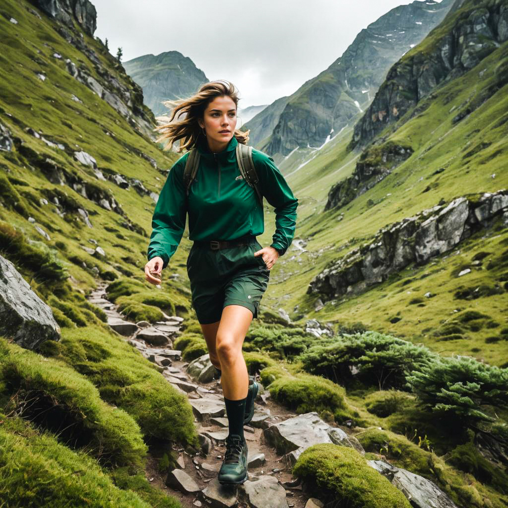 Woman in Green Outfit on Mountain Trail