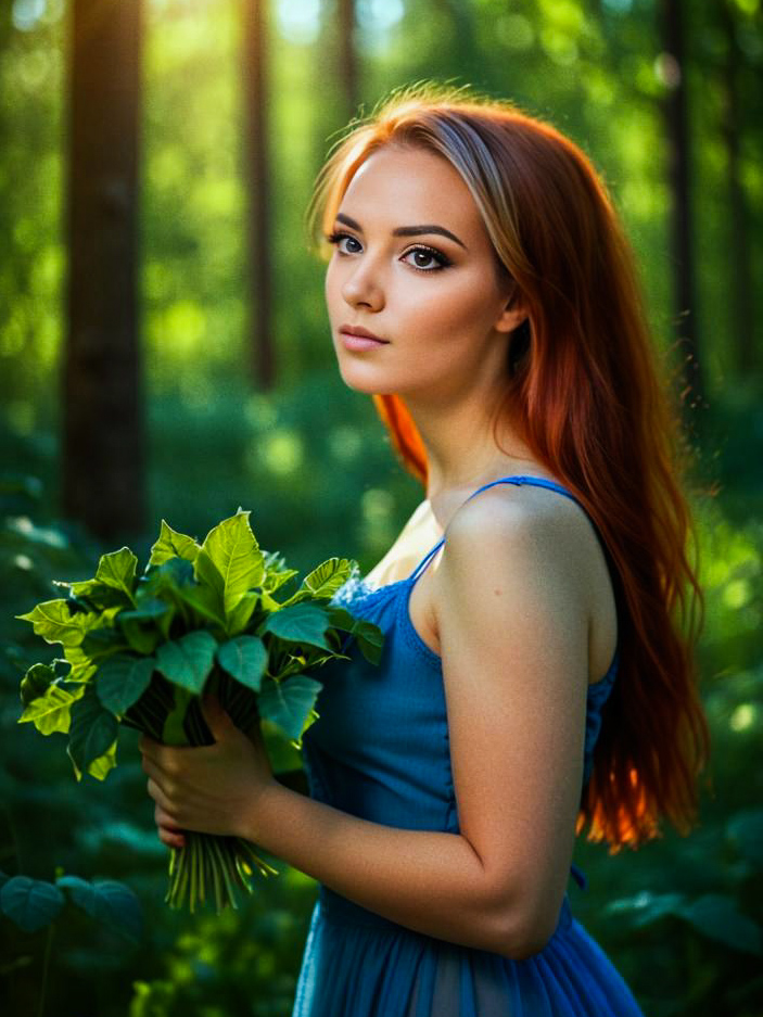 Portrait of a Woman with Red Hair in Forest