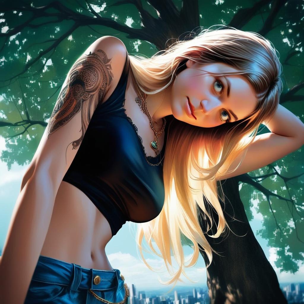 Young Woman with Blonde Hair Under Tree in Urban Setting
