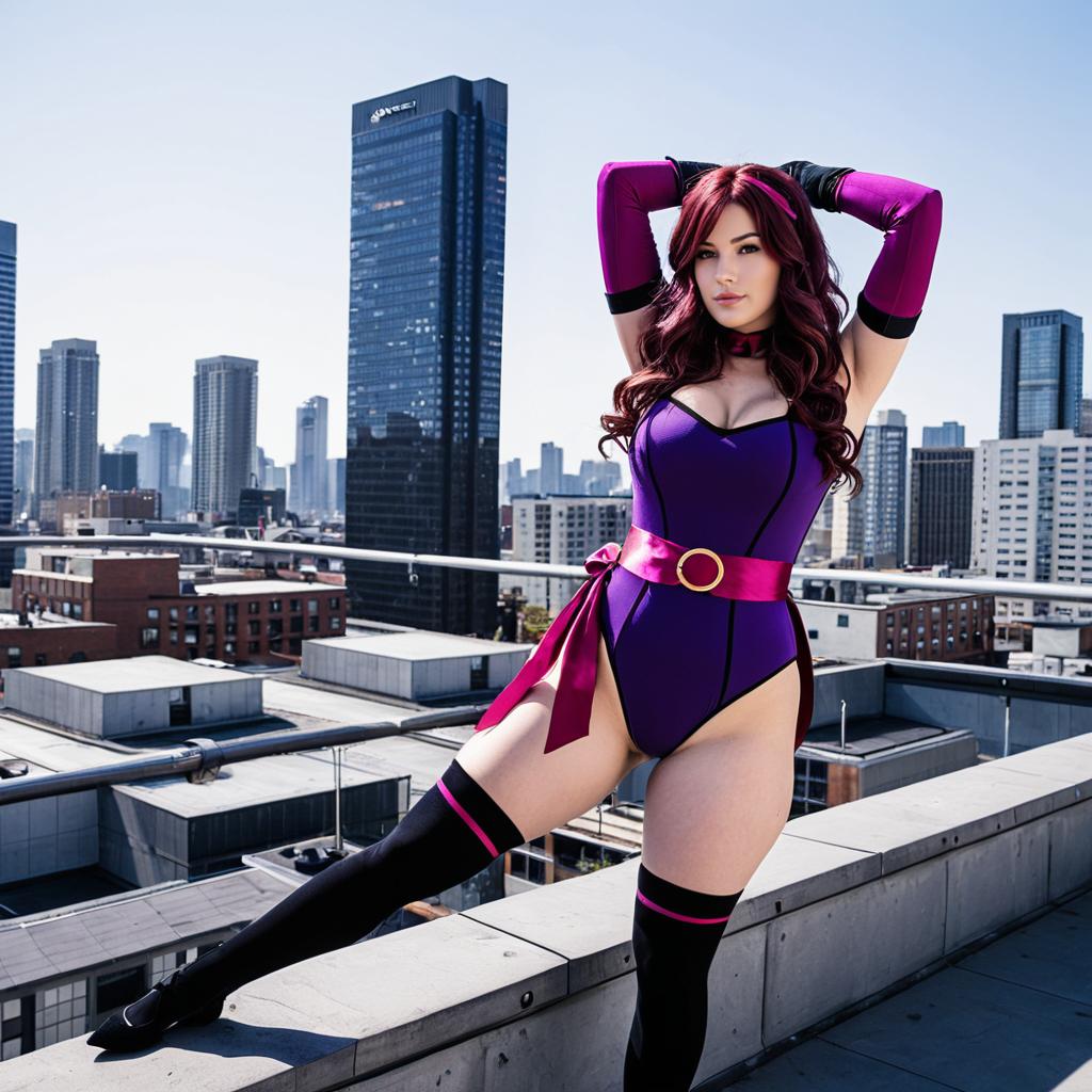 Woman in Purple Cosplay Costume Posing on Urban Rooftop with City Skyline