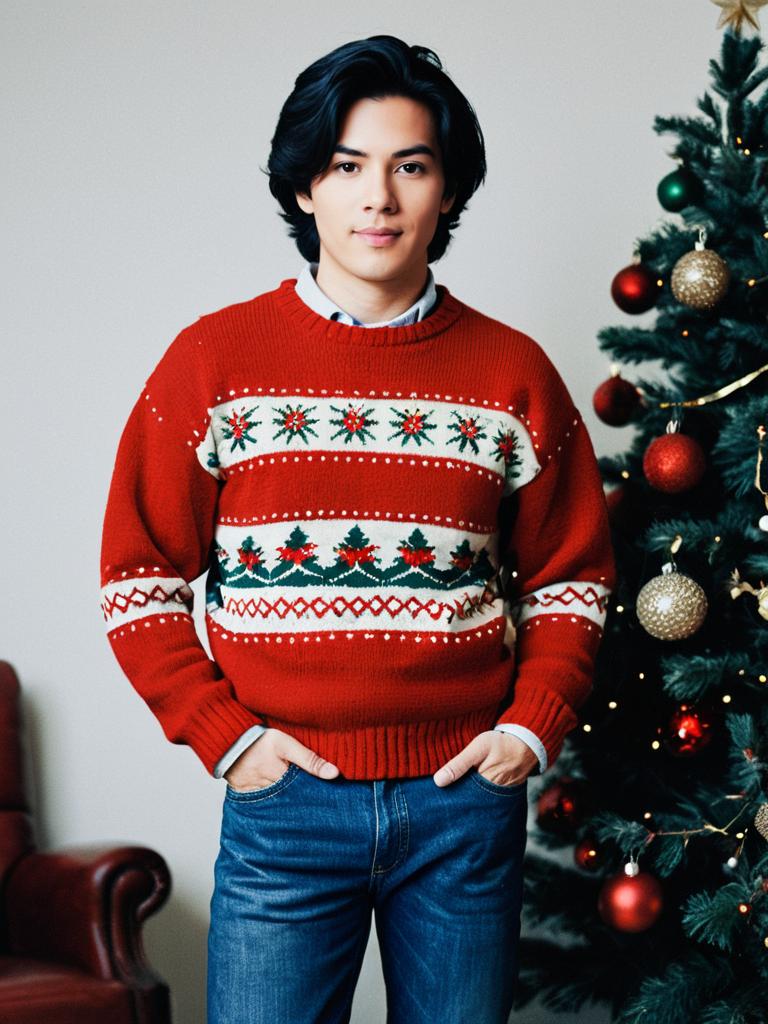 Young Man Wearing Red Christmas Sweater Near Decorated Tree