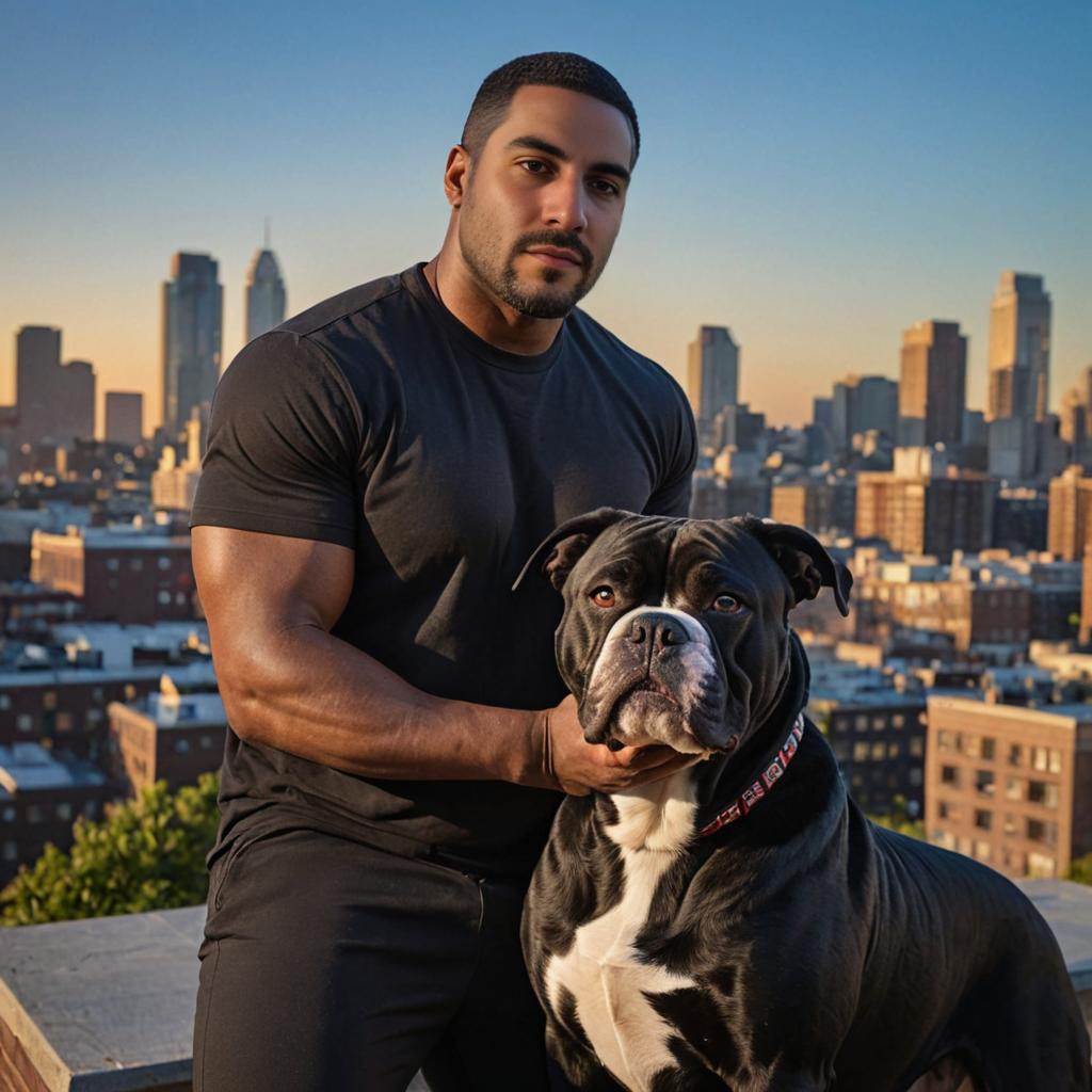 Man with Black American Bulldog at City Skyline