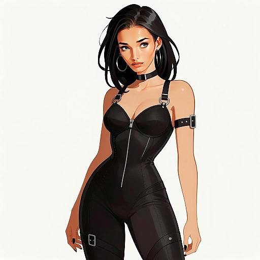 Stylish Young Woman in Black Leather Outfit Digital Art