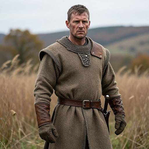 Medieval Warrior Man in Woolen Tunic with Leather Gloves