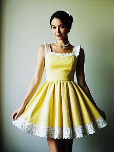 Elegant Woman in Vintage Yellow Dress with Lace Trim
