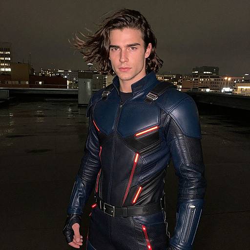 Futuristic Night Rooftop Portrait of Man in Illuminated Leather Suit