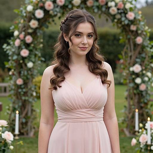 Young Woman in Pink Dress by Floral Archway in Garden