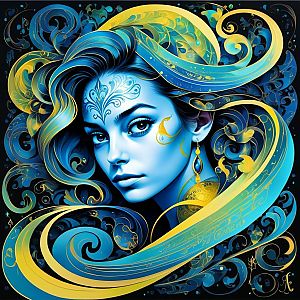 Vibrant Portrait of a Woman with Flowing Hair and Ornamental Designs