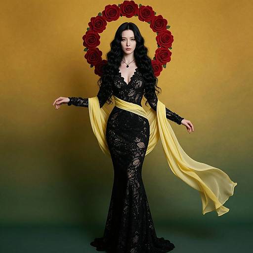 Elegant Woman in Black Lace Gown with Red Rose Halo and Flowing Yellow Fabric
