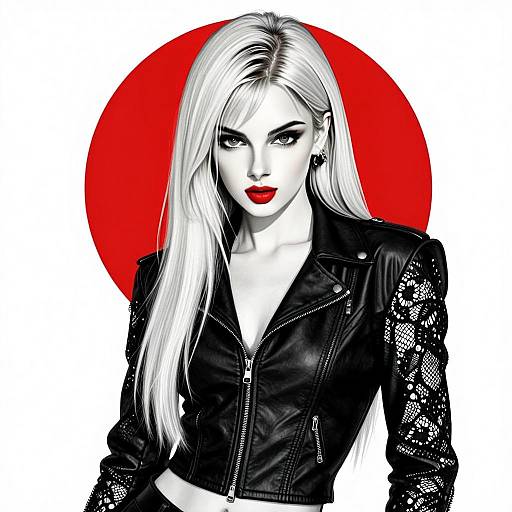 Edgy Digital Portrait of Woman in Black Leather Jacket with Red Lipstick and Red Circle Background