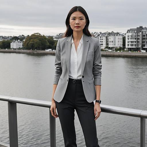 Professional Woman by Waterfront in Grey Blazer and Black Pants