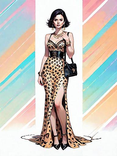 Elegant Woman in Leopard Print Dress Full Body Digital Illustration