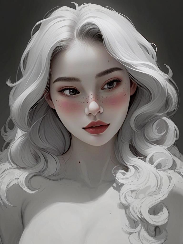 White Haired Woman Digital Portrait with Freckles and Soft Blush