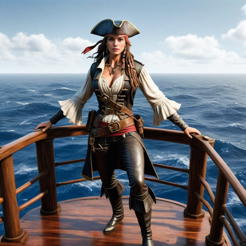 Confident Woman in Pirate Costume on Ship Deck Confident Woman in Pirate Costume on Ship Deck