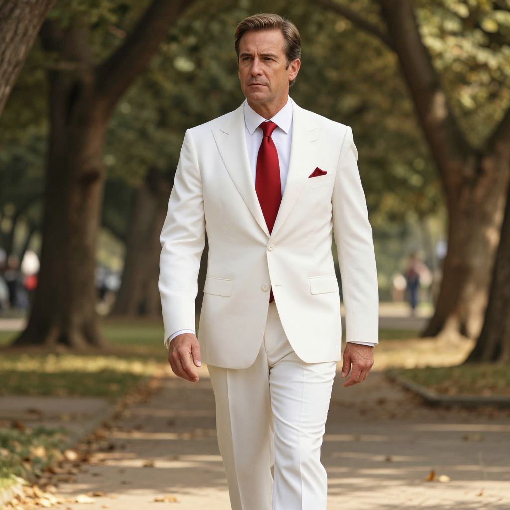 Man in White Suit with Red Tie Walking Outdoors