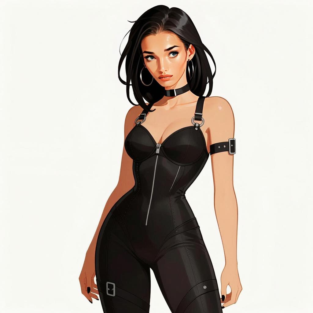 Stylish Young Woman in Black Leather Outfit Digital Art