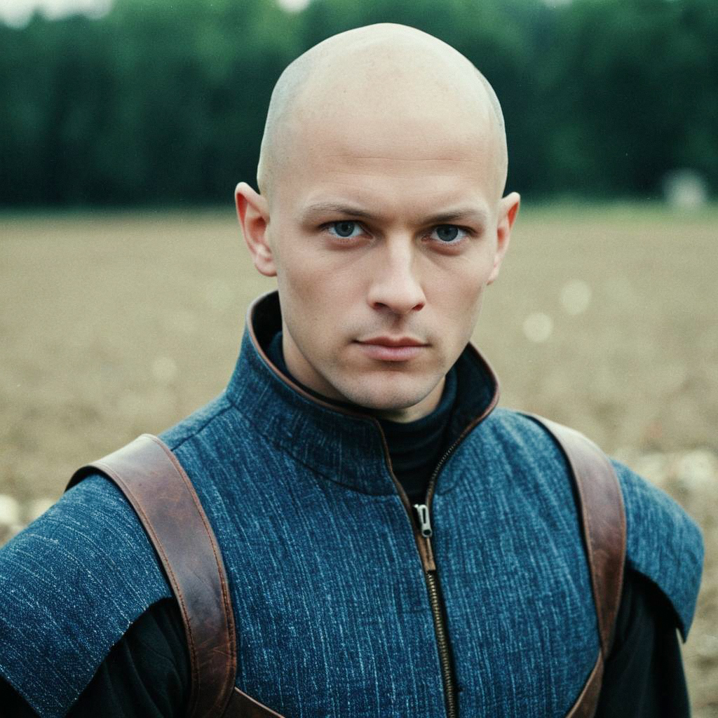 Bald Man in Blue Medieval Costume Outdoors Bald Man in Blue Medieval Costume Outdoors