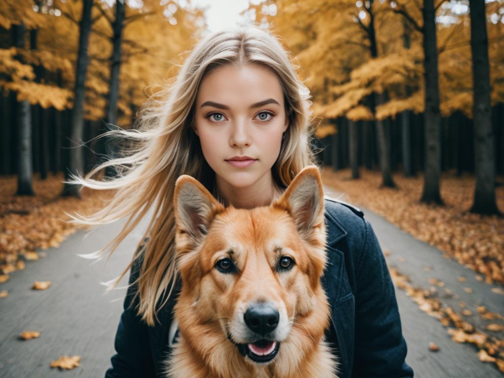 Scandinavian Woman and Dog in Autumn Adventure