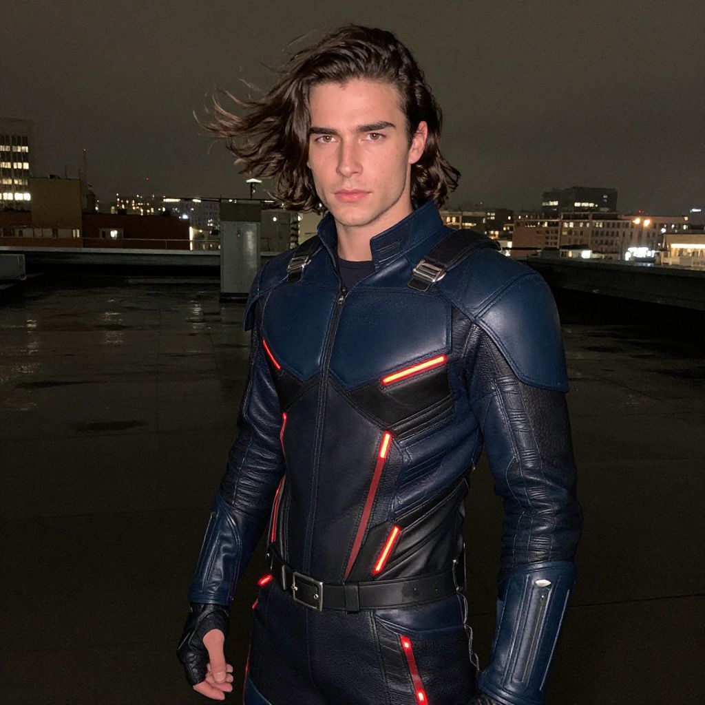 Futuristic Night Rooftop Portrait of Man in Illuminated Leather Suit