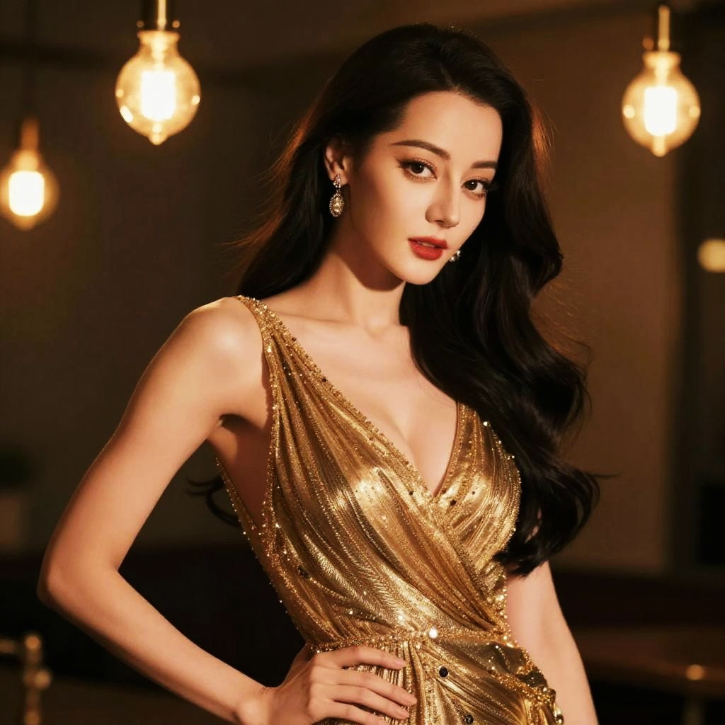 Elegant Woman in Gold Sequin Evening Gown with Warm Ambient Lighting