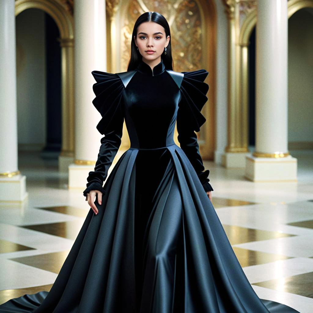 Elegant Woman in Black Gown with Puffed Sleeves