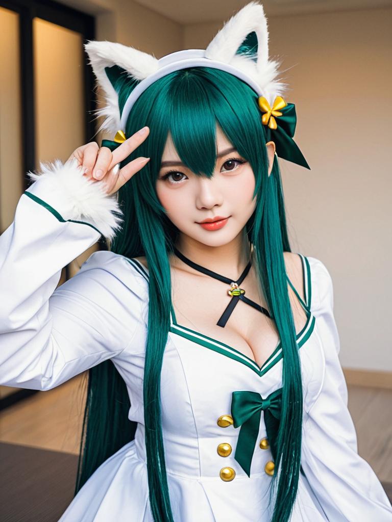 Akashi Azur Lane Cosplay Woman in White and Green Outfit with Cat Ears