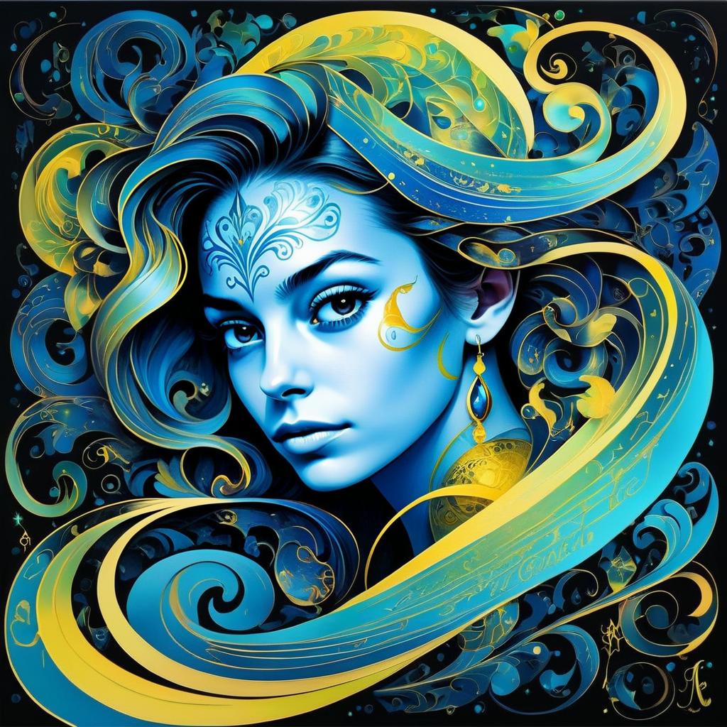 Vibrant Portrait of a Woman with Flowing Hair and Ornamental Designs Vibrant Portrait of a Woman with Flowing Hair and Ornamental Designs