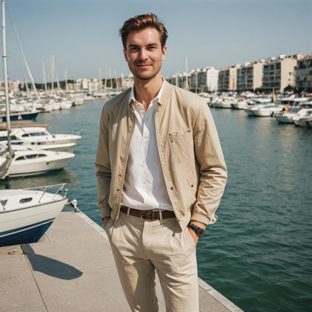 Stylish Man on Dock with Marina Views