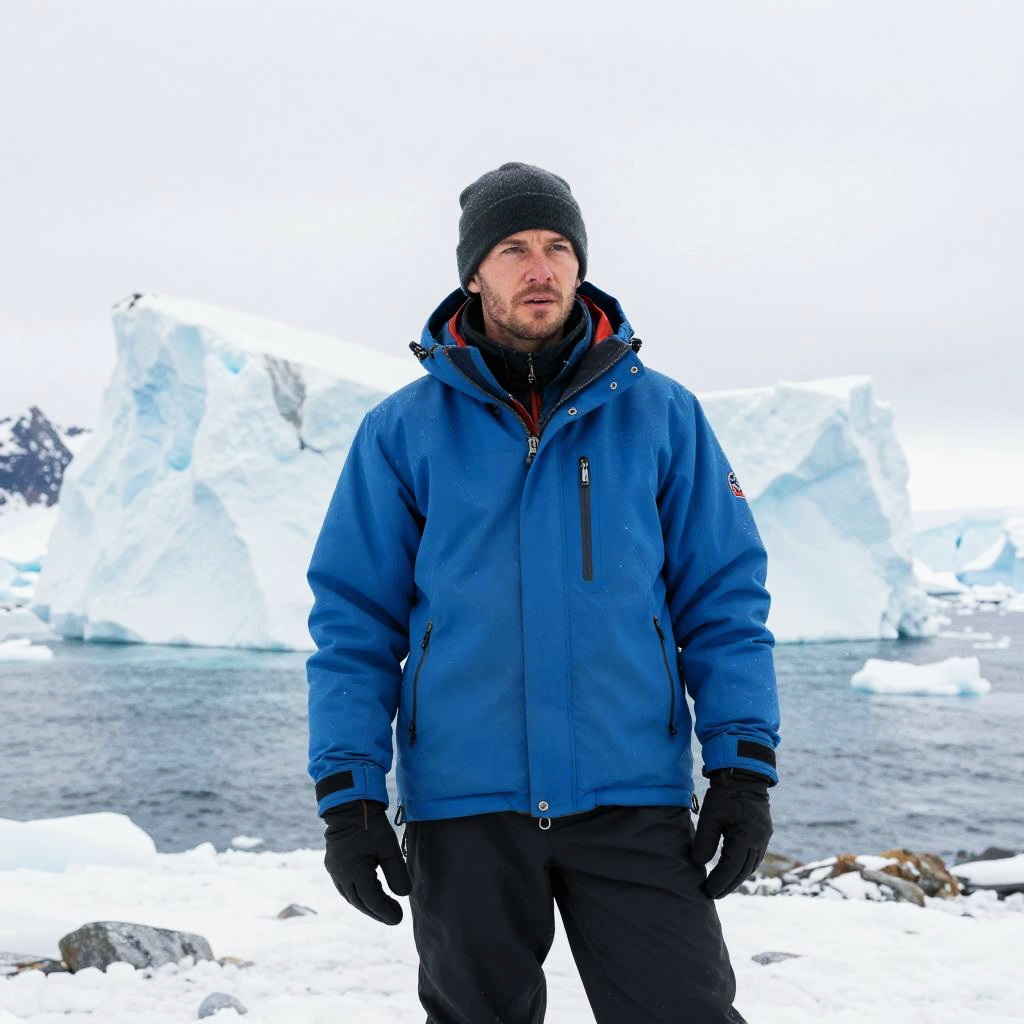 Man in Blue Winter Jacket Standing by Icebergs on Snowy Arctic Shore