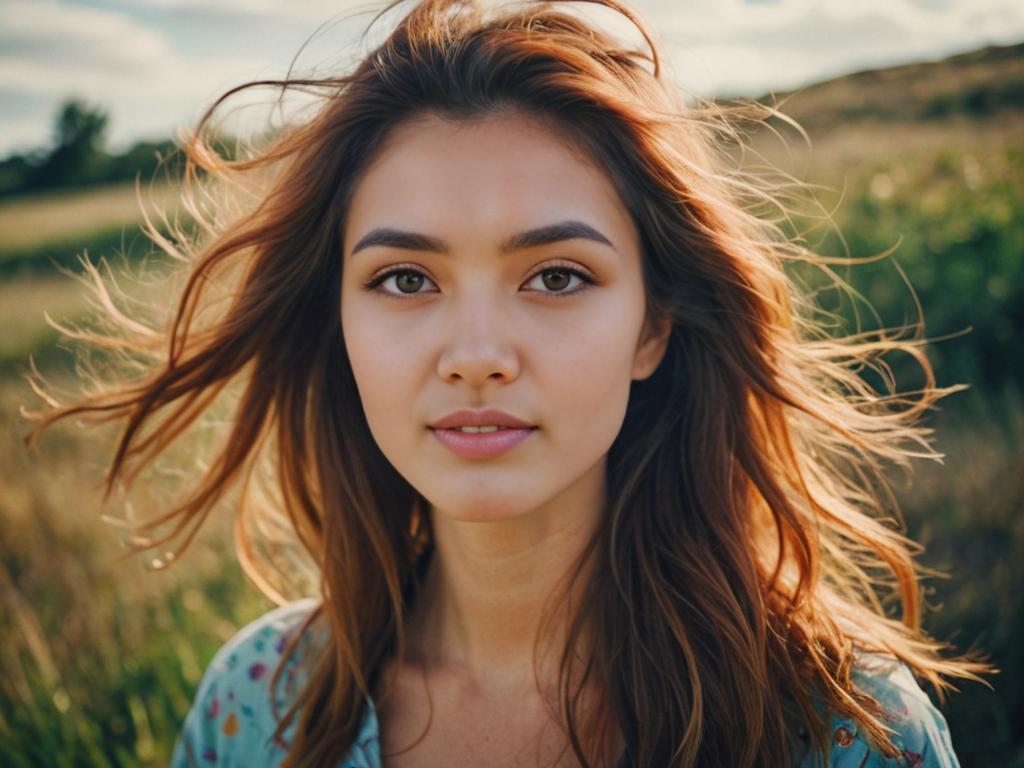 Serene Woman with Wind-Blown Hair Outdoors