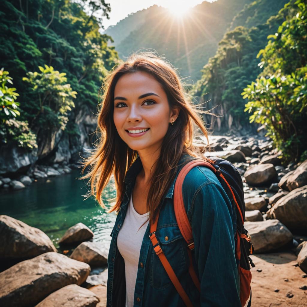 Smiling woman by rocky river in sunlight