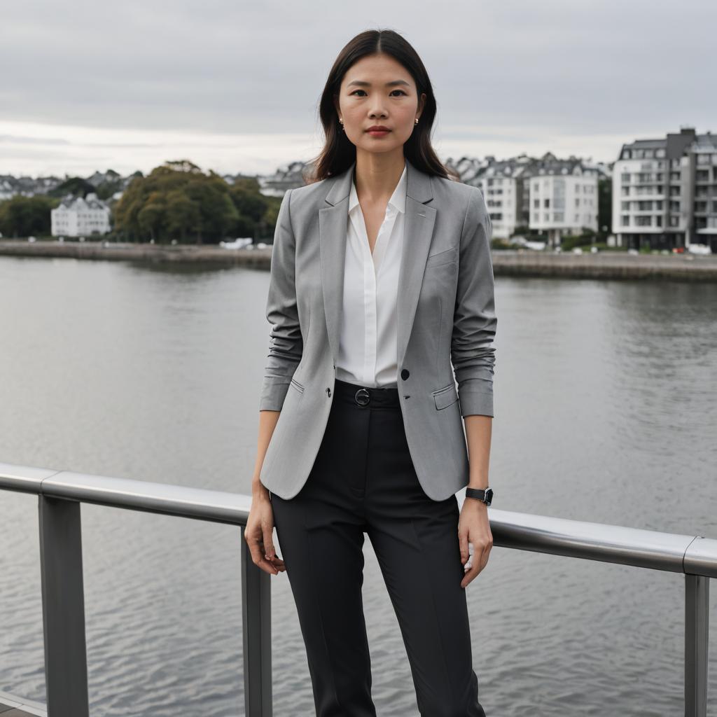 Professional Woman by Waterfront in Grey Blazer and Black Pants