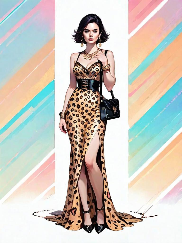 Elegant Woman in Leopard Print Dress Full Body Digital Illustration