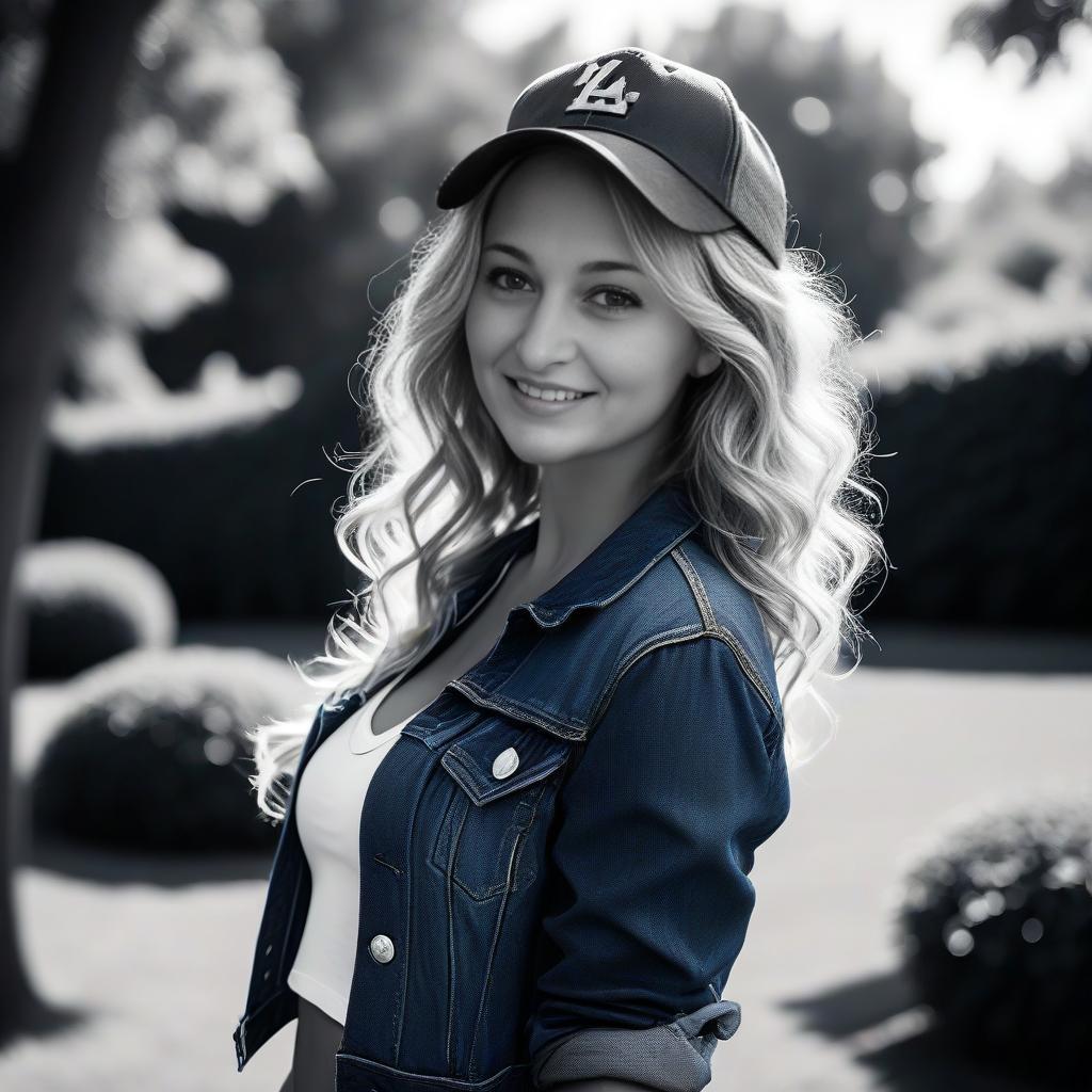 Smiling Woman in Denim Jacket and Baseball Cap Smiling Woman in Denim Jacket and Baseball Cap