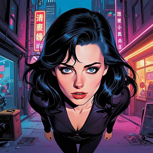 Cyberpunk Digital Art of Woman in Neon Urban Street