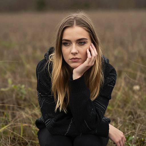 Pensive Young Woman Sitting in Grassy Field Wearing Black Sweater