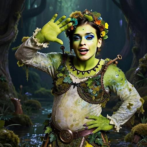 Fantasy Woman in Green Nature-Inspired Costume in Forest