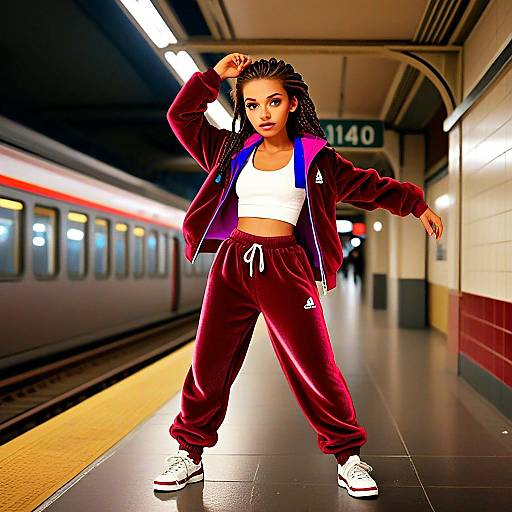Trendy Gen Z Woman in Burgundy Velvet Tracksuit Posing at Subway Platform