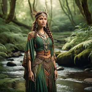 Woman in Earth-Toned Tribal Outfit by Forest Stream