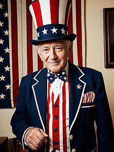 Elderly Man in Patriotic Costume with Flag Backdrop