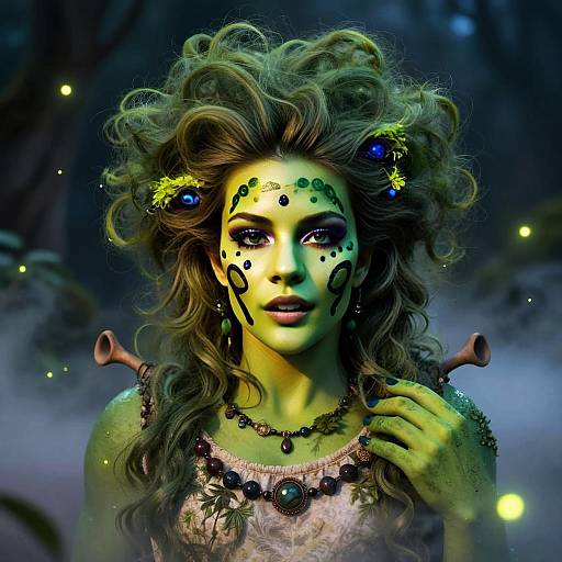 Fantasy Portrait of Green-Skinned Woman with Mystical Face Paint in Enchanted Forest