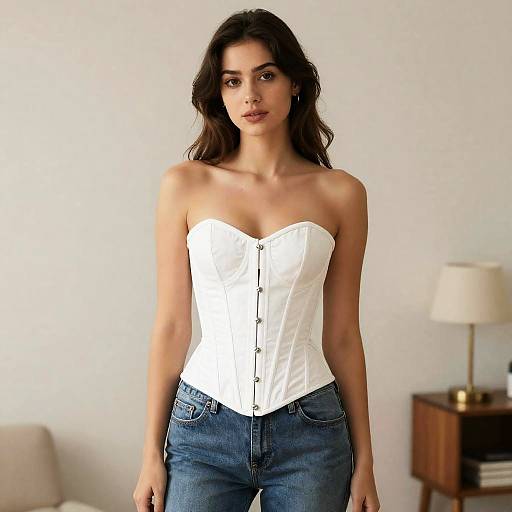 Woman Wearing White Strapless Corset and Blue Jeans Posing Indoors