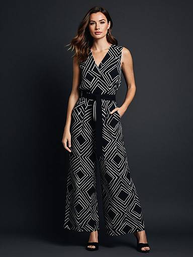 Woman Wearing Black Geometric Patterned Jumpsuit Fashion Portrait