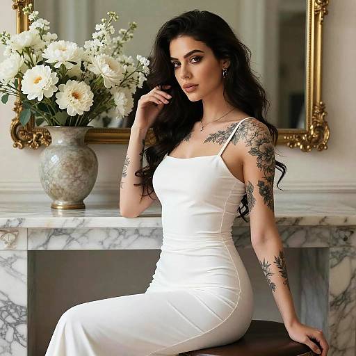 Elegant Woman in White Dress with Floral Tattoos Sitting by Marble Fireplace