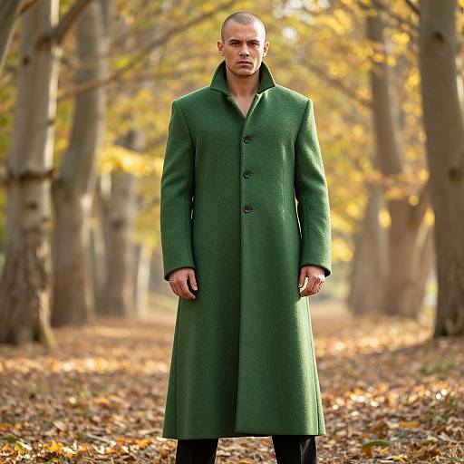 Man Wearing Long Green Coat in Autumn Forest