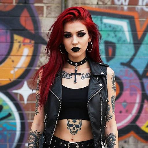 Young Woman with Red Hair and Tattoos in Punk Rock Style Against Graffiti Wall