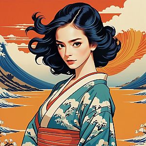 Woman in Kimono with Ocean Waves